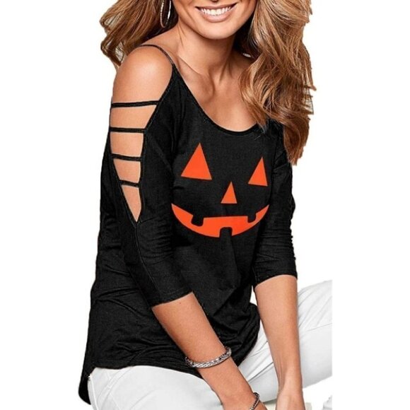 Pumpkin Face Open Shoulder Top - Picture 2 of 6